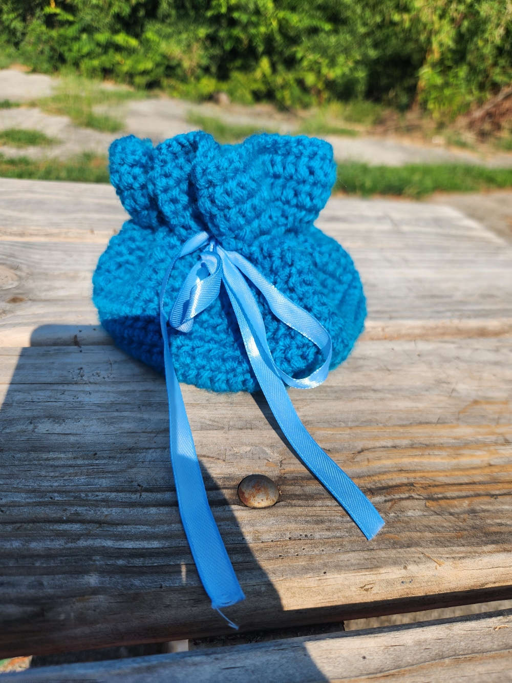 Handmade Kids Crochet Drawstring Hat - Bright Blue